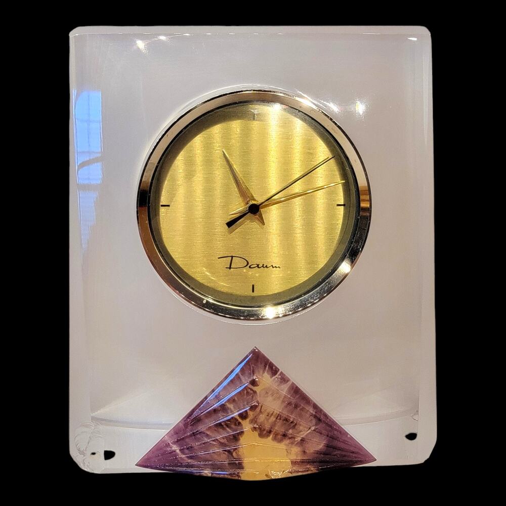 Daum France Crystal Desk Clock Purple Pyramid Accent